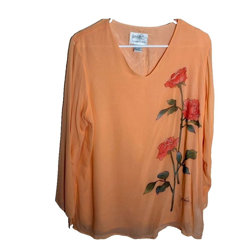 Vintage Carol Patterson Blouse Women's Large Orange Floral 100% Silk Top Shirt